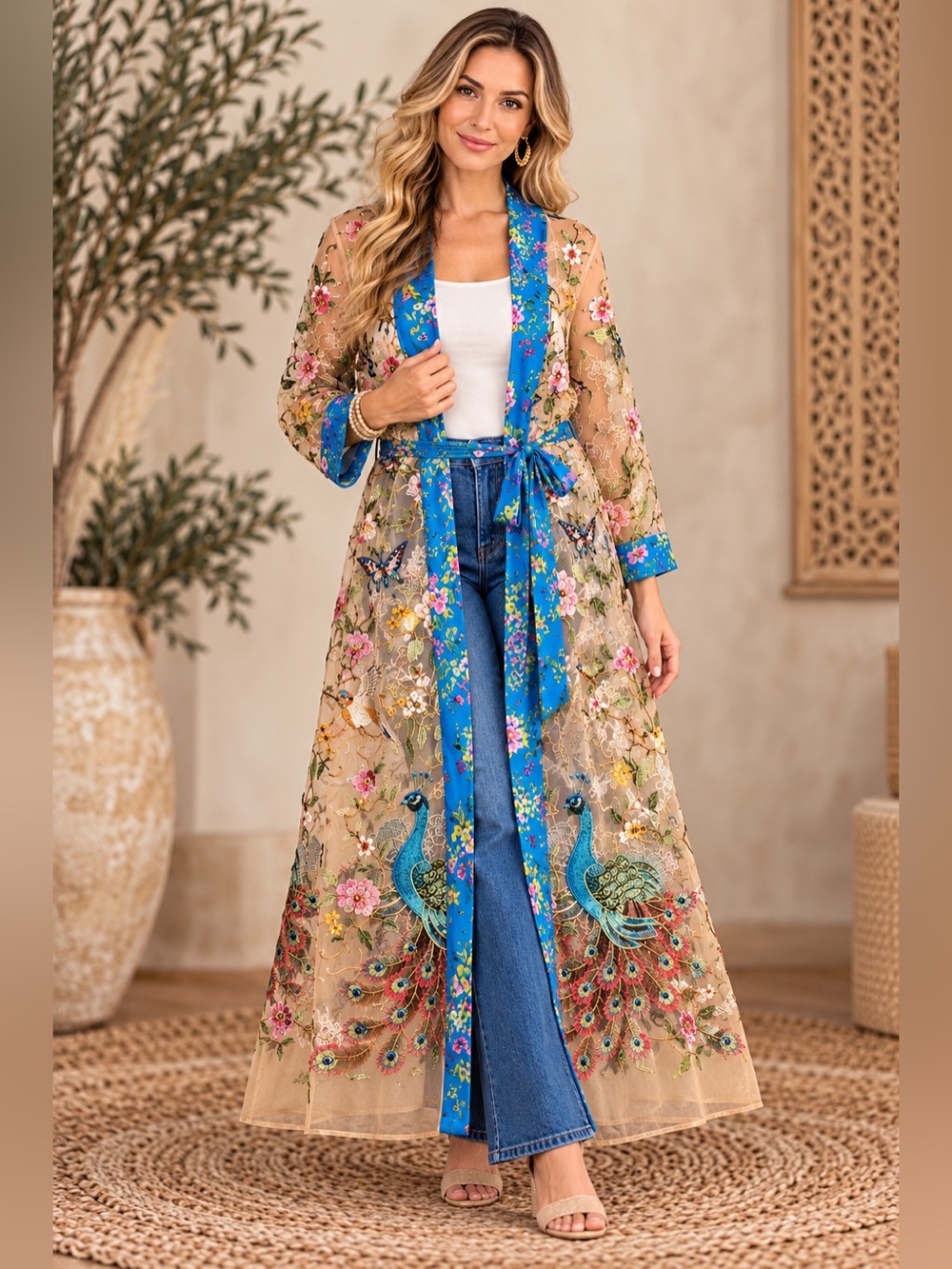 Aratta Beige Sheer Embroidered Duster with Blue Trim